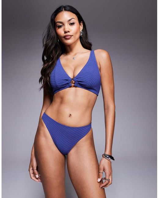 Wolf & Whistle Blue Textured Bikini Top With Tortoiseshell Ring Detail