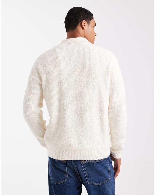 Only & Sons White Relaxed Fit Fisherman Knit Polo Jumper for men