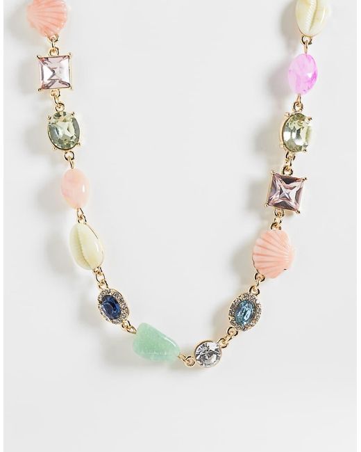 Reclaimed Vintage Multicolor Chocker Gem Stone And Charm Seashell Necklace