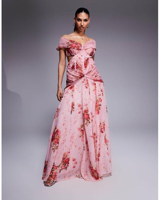 ASOS Pink Printed Organza And Chiffon Maxi Dress