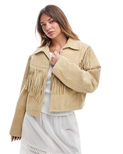ASOS Natural Real Suede Jacket With Fringe
