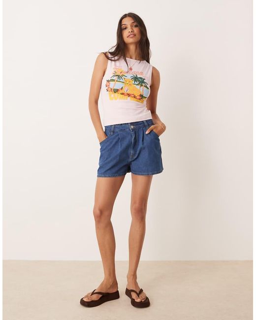 ASOS Blue High Rise Pleated Denim Short With Paperbag Waist