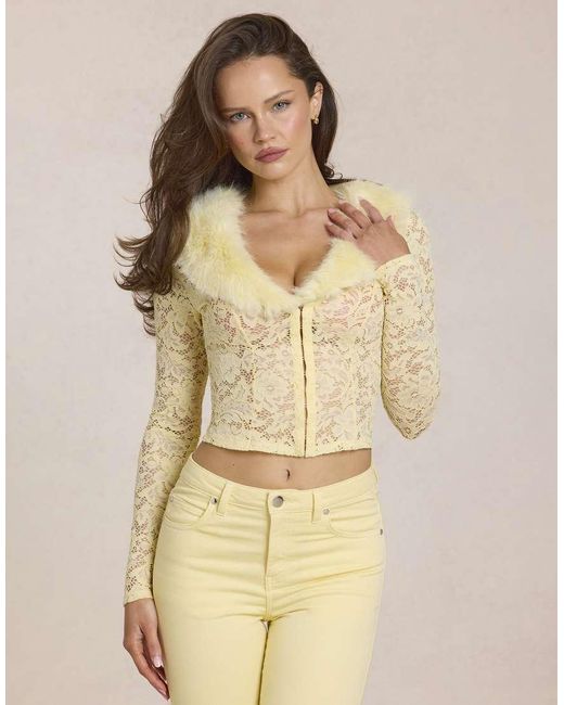 Oh Polly Natural Faux Fur Collar Lace Cardigan