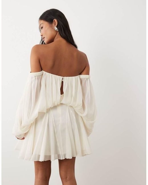 ASOS Natural Asos Design Petite Blouson Mini Dress With Split Sleeve And Volume Godet Skirt