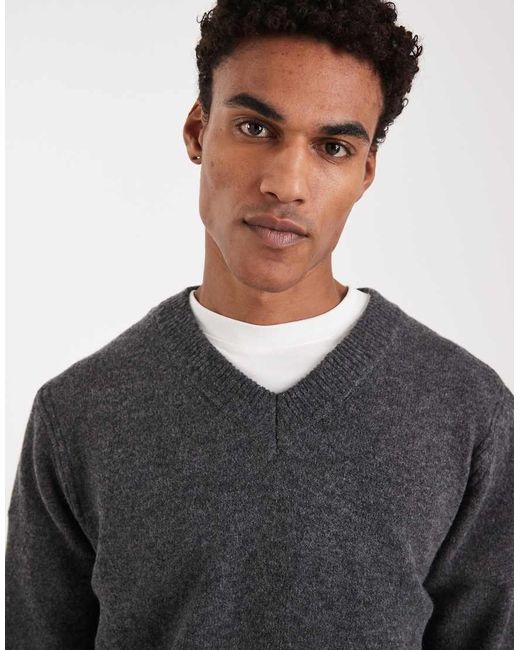 Only & Sons Gray Brushed Knit V Neck Jumper for men