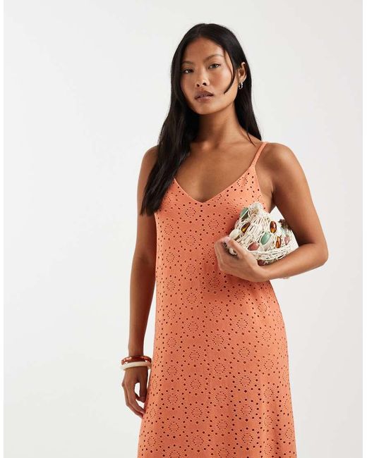 Vero Moda Orange Jersey Floral Broderie Cami Midi Dress