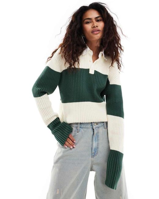 Lioness Green Polo Collar Rugby Stripe Knitted Jumper