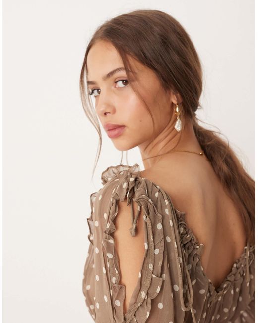 ASOS Natural Ruffle V Neck Mini Dress With Tie Front