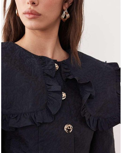 Ghospell Blue Inola Oversized Collar Balloon Sleeve Mini Dress