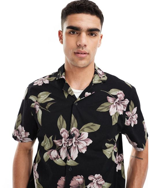 Hollister Black Short Sleeve Revere Collar Floral Print Poplin Shirt Boxy Fit for men