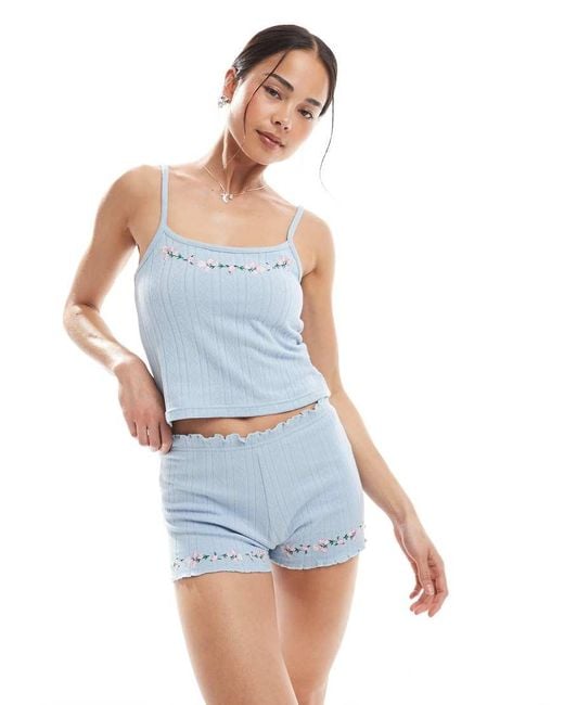 Daisy Street Blue Pointelle Singlet Top And Matching Shorts Pyjama Set With Floral Embroidery