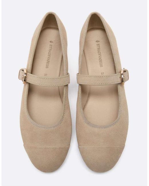 Stradivarius Natural Leather Toecap Ballerina Flats