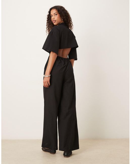 ASOS Black Button Down Collared Wide Leg Jumpsuit