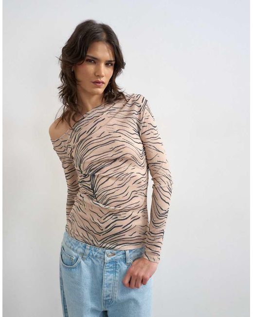 TOPSHOP Multicolor Mesh Fallen Shoulder Long Sleeve Top