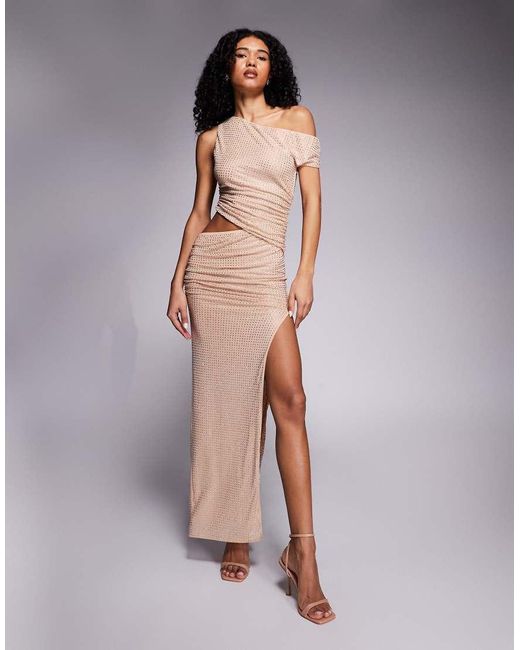 SIMMI Gray Odette Nude Hot Fix Off The Shoulder Maxi Dress