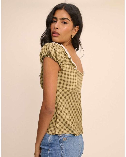 Nobody's Child Blue Dione Round Neck Lace Trim Puff Sleeve Top