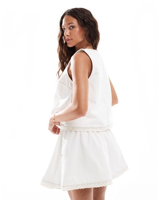 ASOS White Gathered Denim Micro Skirt With Broderie Trim