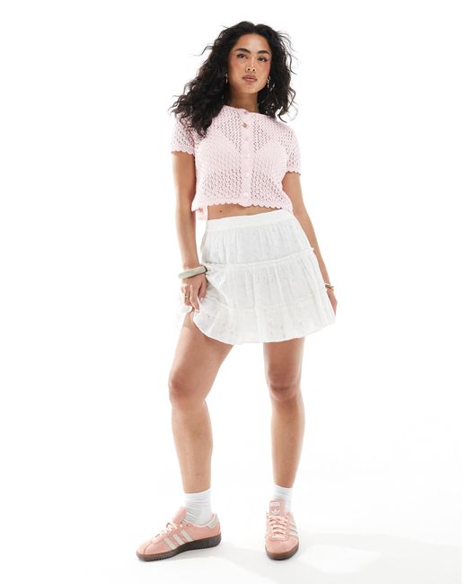 Miss Selfridge White Knitted Pointelle Short Sleeve Cardigan