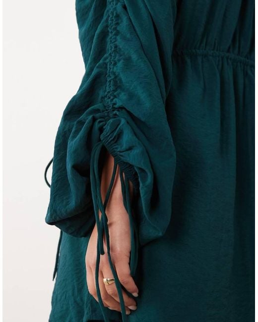 ASOS Blue Crew Neck Mini Dress With Ruched Waist Channel And Blouson Sleeves