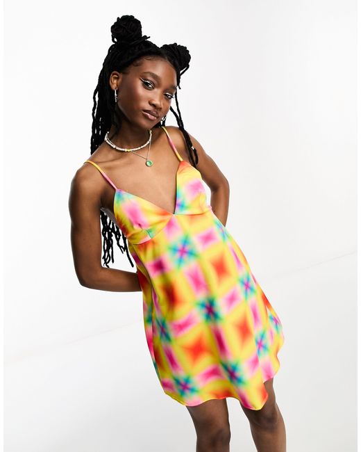 Collusion Multicolor Mini Printed Satin Summer Slip Dress