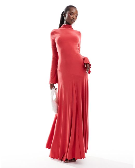 Robe trapèze longue à manches longues et col montant - corail ASOS en coloris Red