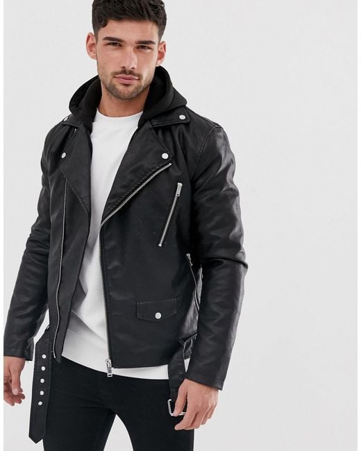 River Island Faux Leather Biker Jacket With Hood in Black for Men | Lyst