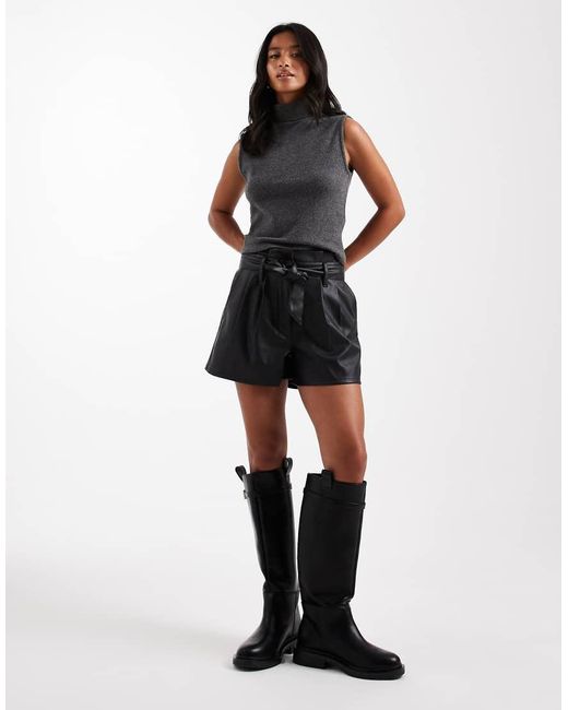 Miss Selfridge Black Faux Leather Belted Shorts