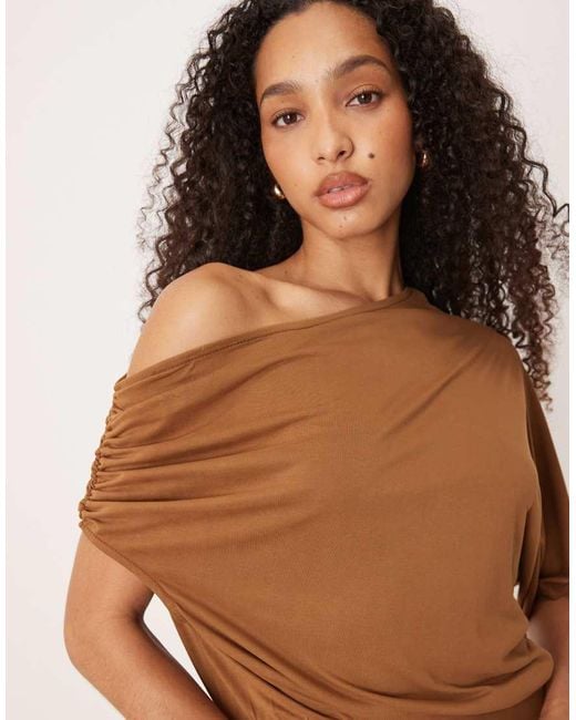 ASOS Brown Modal Fallen Shoulder Blouson Midi Dress Detail Midi Dress