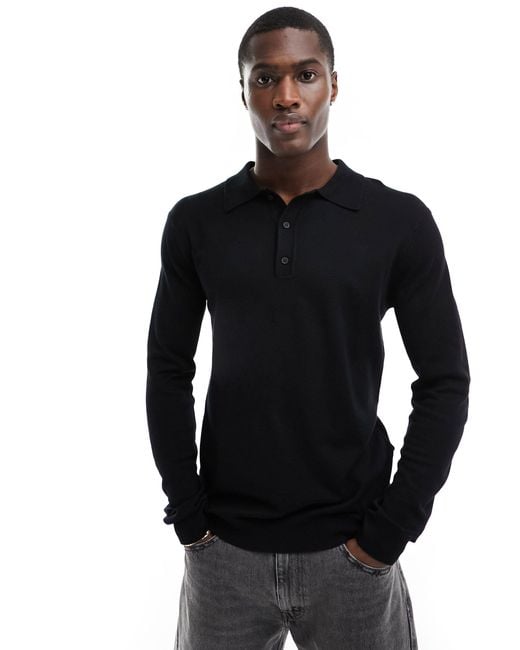 Only & Sons Black Knitted Long Sleeve Polo for men