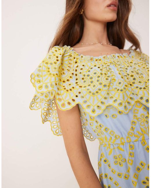 Maya Multicolor Broderie Bardot Midi Dress