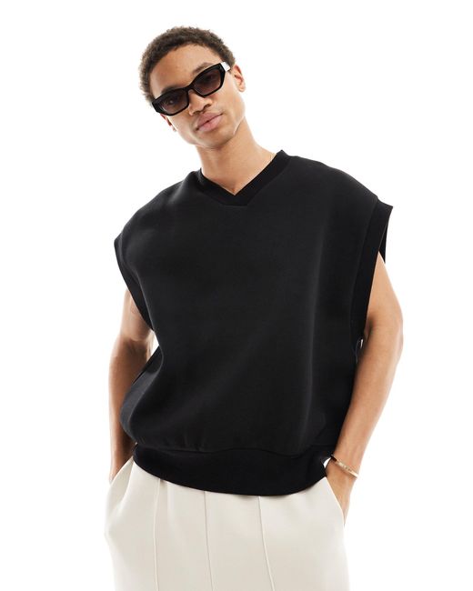ASOS Black Oversized Scuba Sleeveless Sweatshirt With V Neck for men