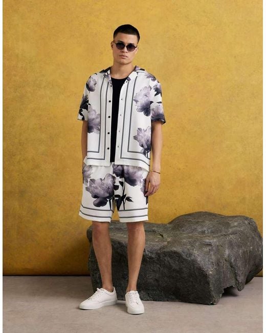 River Island White Short Sleeve Monochrome Floral Shirt for men