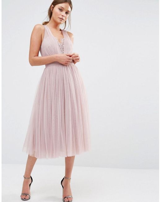 Little Mistress Pink Embellished Midi Dress With Tulle Skirt