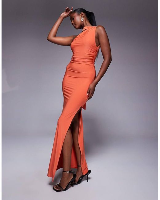 Kaiia Orange Exclusive Double Layered Slinky One Shoulder Scarf Detail Side Split Maxi Dress
