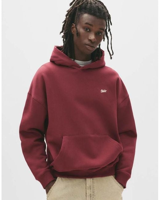Pull&Bear Red Stwd Embroide Logo Hoodie for men