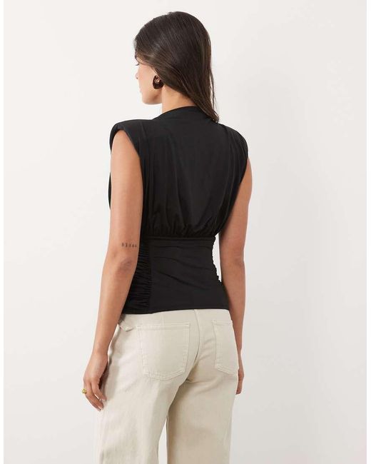 ASOS Natural Ruched Waist Grown On Neck Shoulder Pad Top