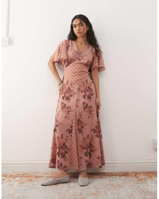 Reclaimed Vintage Pink Midi Tea Dress With Lace Trim And Flutter Sleeves