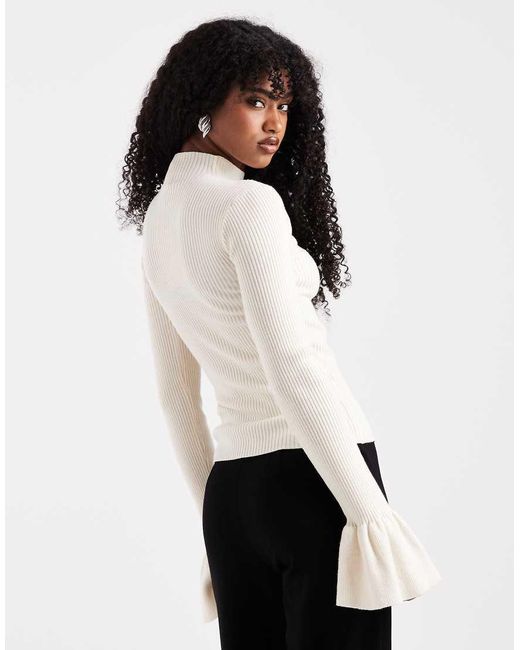 The Frolic White Exclusive Ribbed Knit Pearl Detail Flare Sleeve Jumper