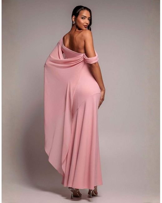 Goddiva Pink One Shoulder Cape Sculpting Stretch Jersey & Chiffon Maxi Dress