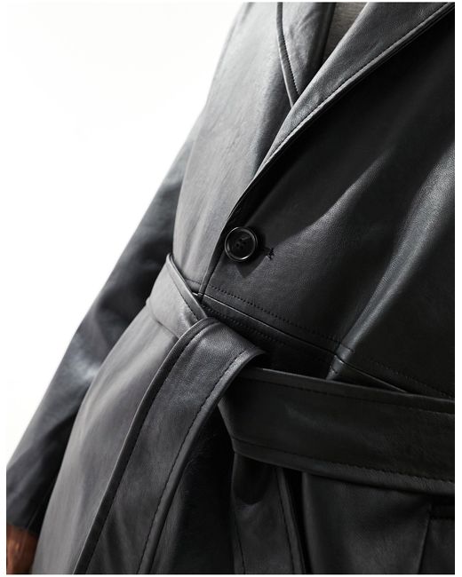 Bershka Black Faux Leather Trench Coat for men