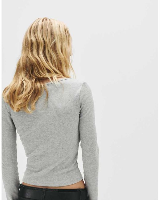 Pull&Bear Gray Ribbed Long Sleeve T-shirt