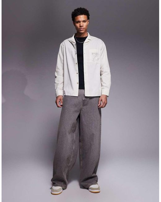 ASOS Gray Relaxed Revere Shirt With Back And Pocket Embroidery for men