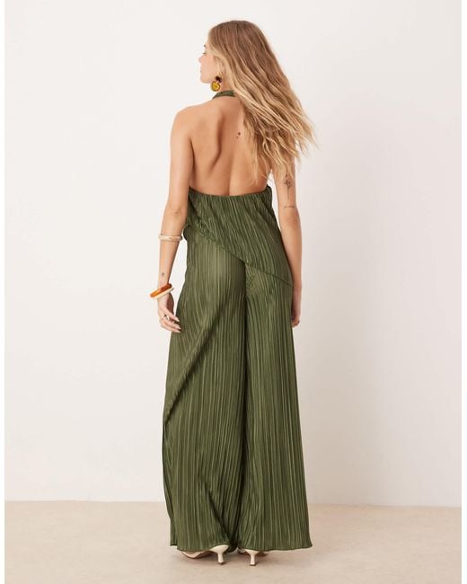 ASOS Green Plisse Halter Neck Wide Leg Jumpsuit