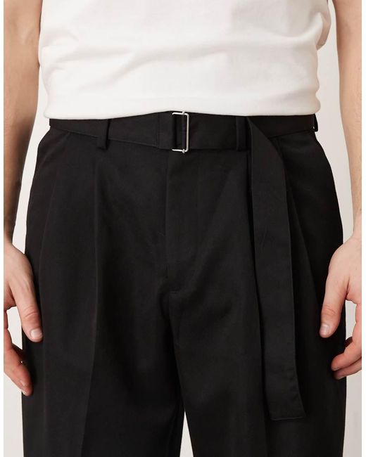 ASOS Black Tailored Wide Leg Double Pleated Trousers With Belt Detail for men
