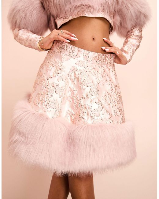 ASOS Pink Floral Jacquard Skater Skirt With Faux Fur Hem