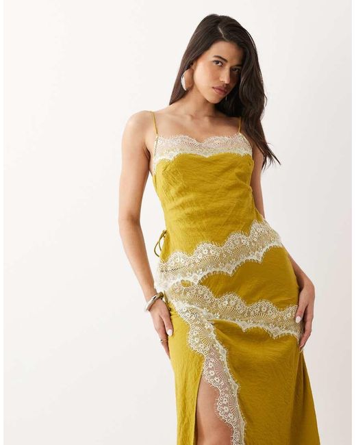 ASOS Yellow Overlay Lace Trim Midaxi Dress With Back Detail