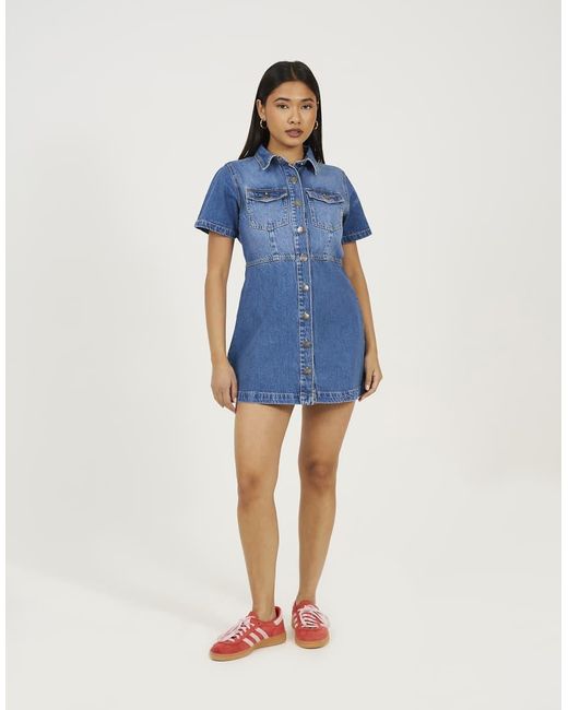 Brave Soul Blue Collared A-Line Denim Mini Dress