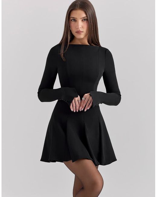 House Of Cb Black Francesca Stretch Crepe Godet Mini Dress