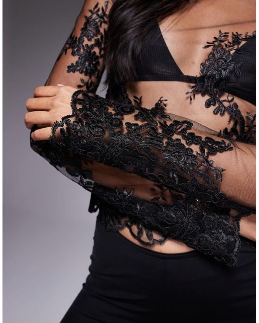 ASOS Black Embroidered Long Sleeve Sheer Scalloped Hem Top