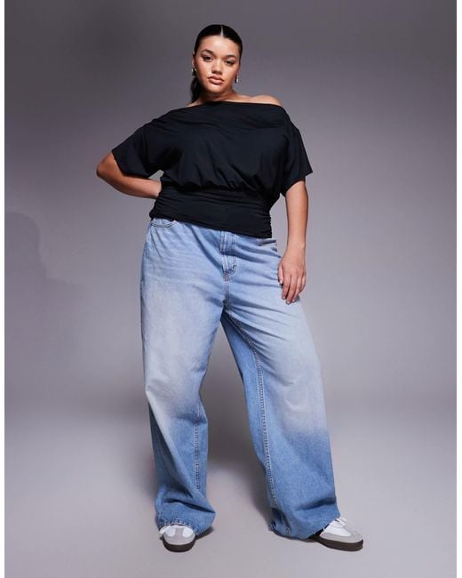 ASOS Blue Asos Design Curve Slinky Asymmetric One Shoulder Short Sleeve Top With Cinched Waist Detailing